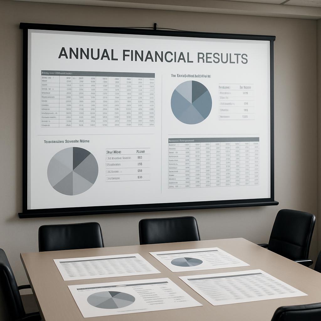 Projection screen with multiple pie charts and graphs, indicating financial results.