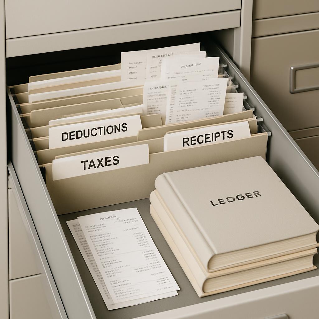 Here is the alt text: A file cabinet drawer filled with files and documents, organized into labeled drawers, labeled "Dedu...