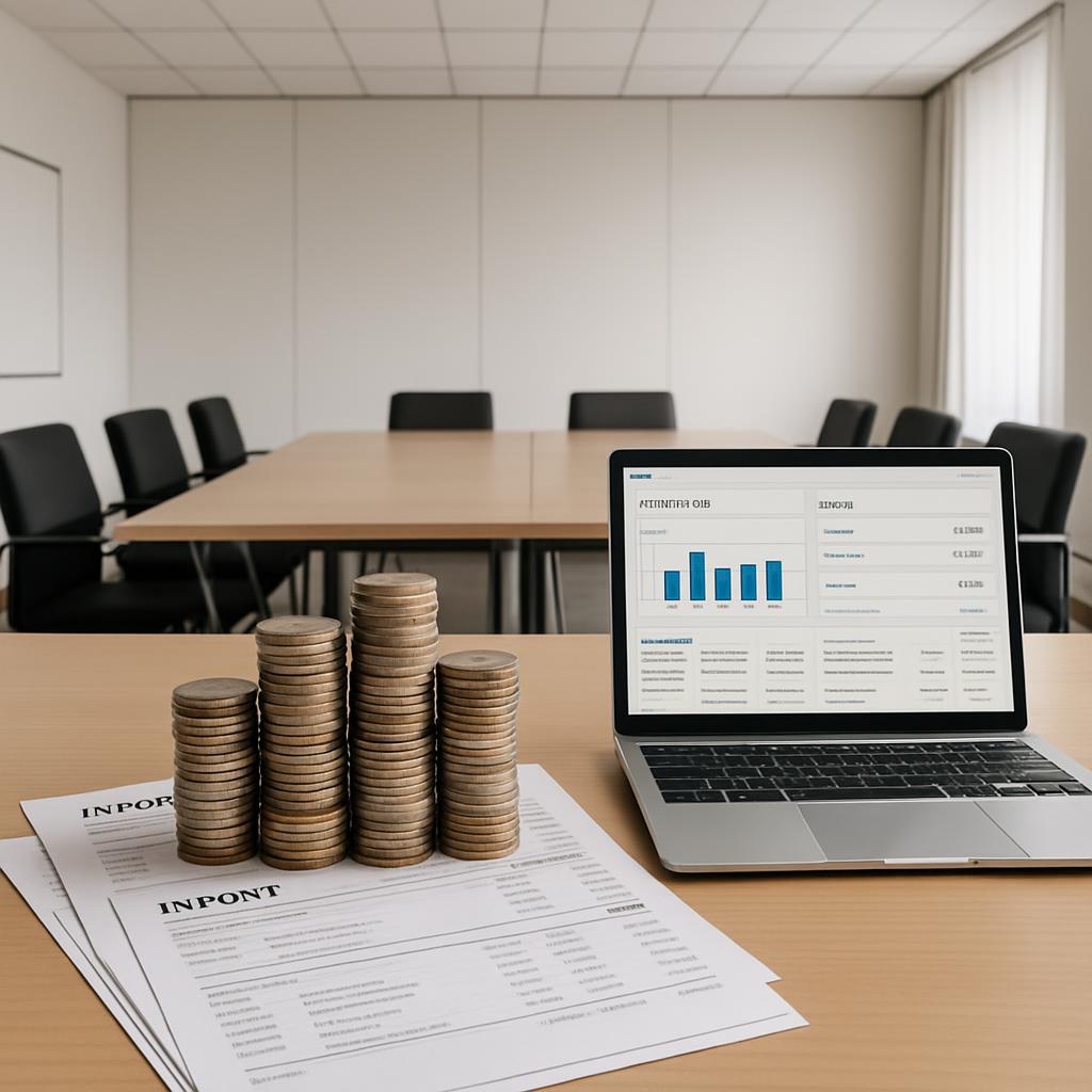 Office scene with laptop, documents, and coins.
